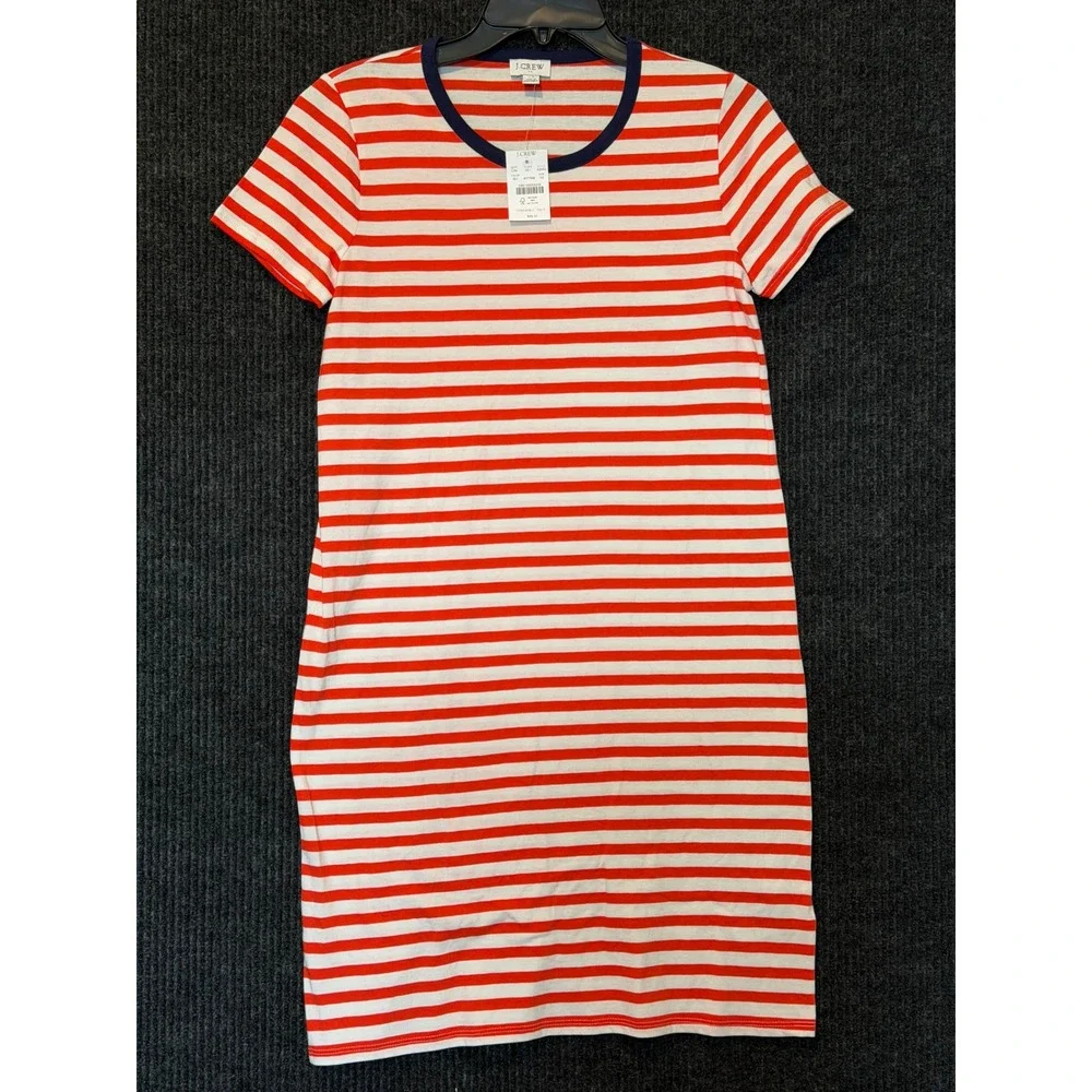 J. Crew Re-Imagined Womens XS Striped T-Shirt Dress Orange White Navy Cotton New